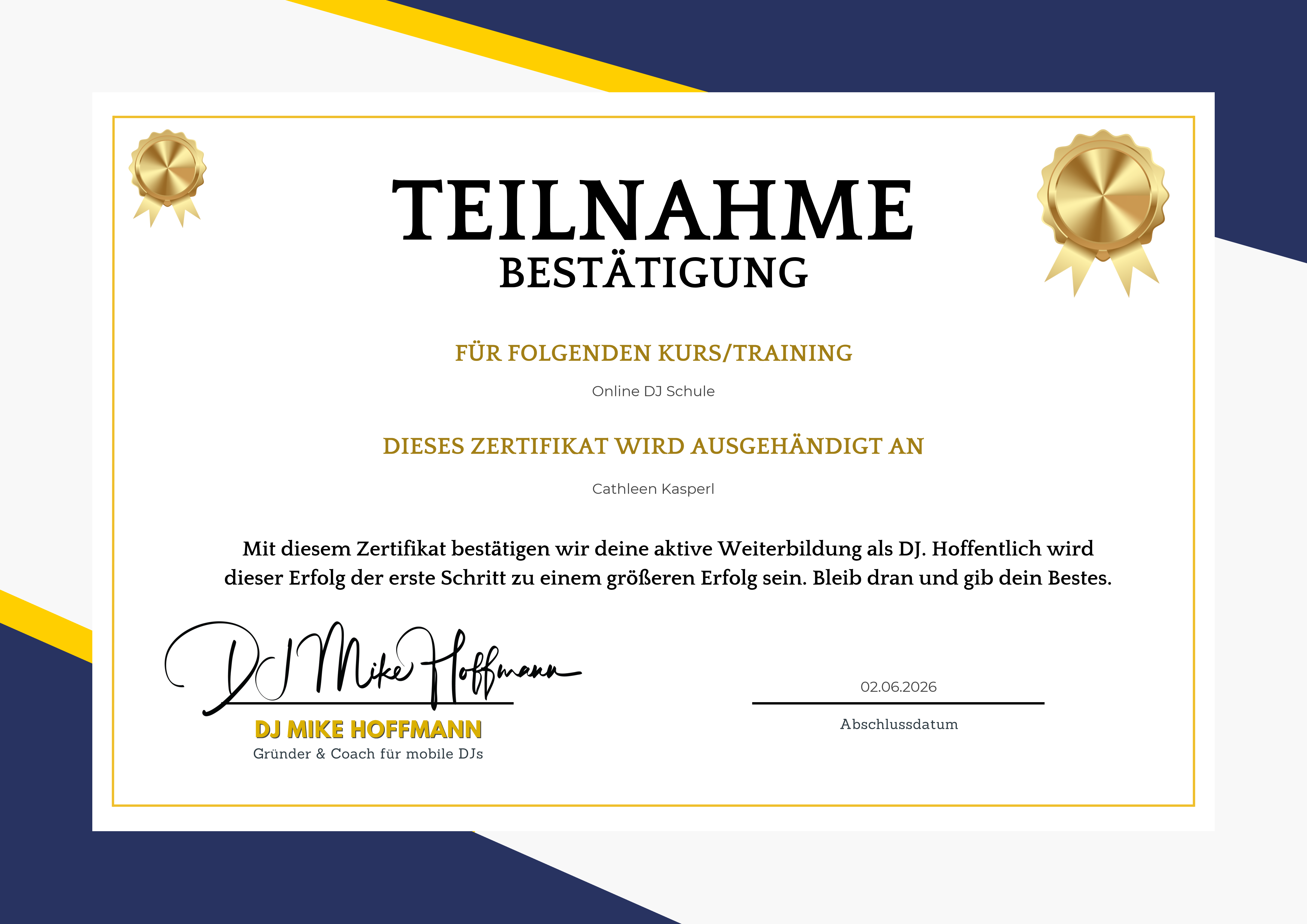 Teilnahme-Zertifikat der Online DJ Schule für Cathleen Kasperl